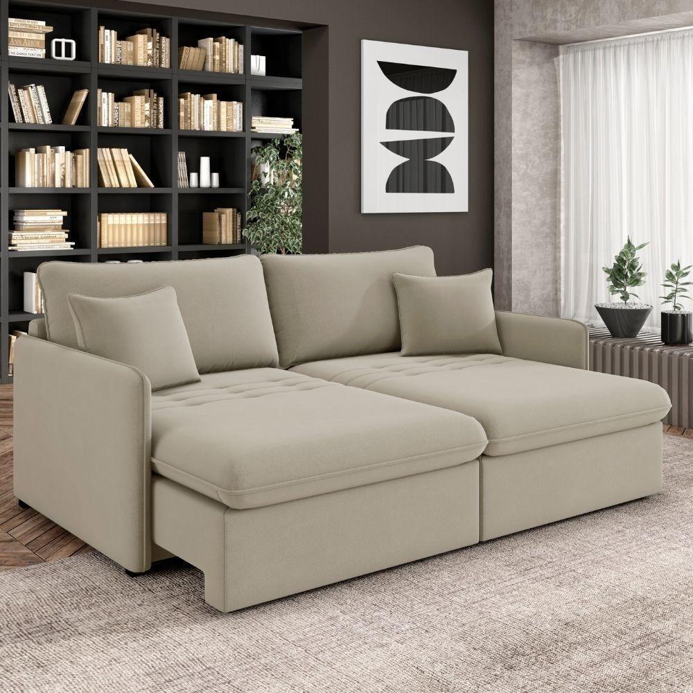 Sofá Cama Retrátil Para Sala De Estar 234cm Una K01 Veludo Bege Lyam Decor - 2