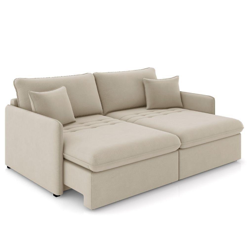 Sofá Cama Retrátil Para Sala De Estar 234cm Una K01 Veludo Bege Lyam Decor - 3