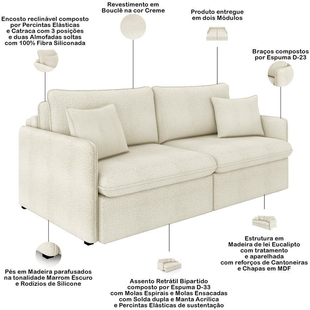 Sofá Cama Retrátil Para Sala De Estar 234cm Una K01 Bouclê Bege Lyam Decor - 4