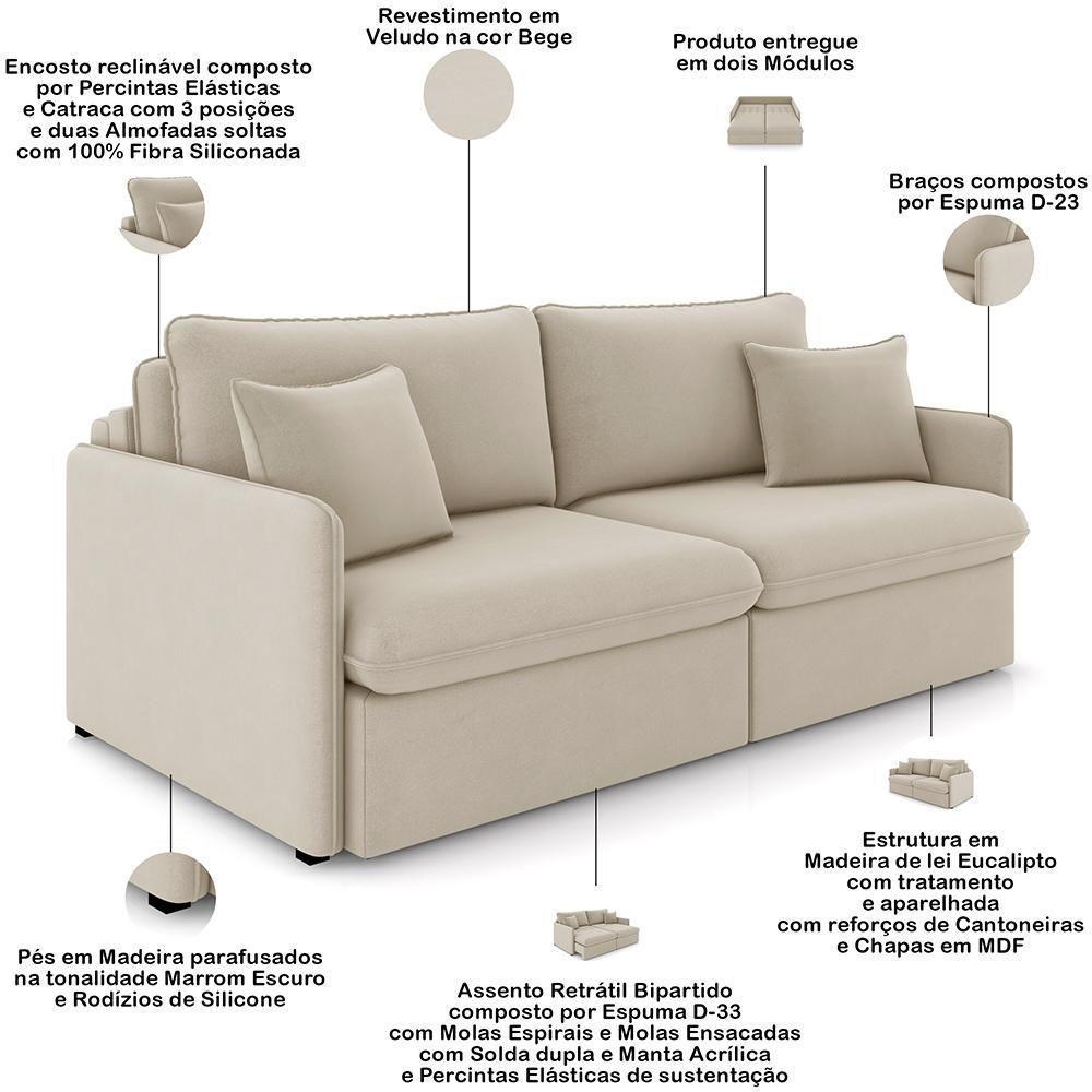 Sofá Cama Retrátil Para Sala De Estar 174cm Una K01 Veludo Bege Lyam Decor - 4