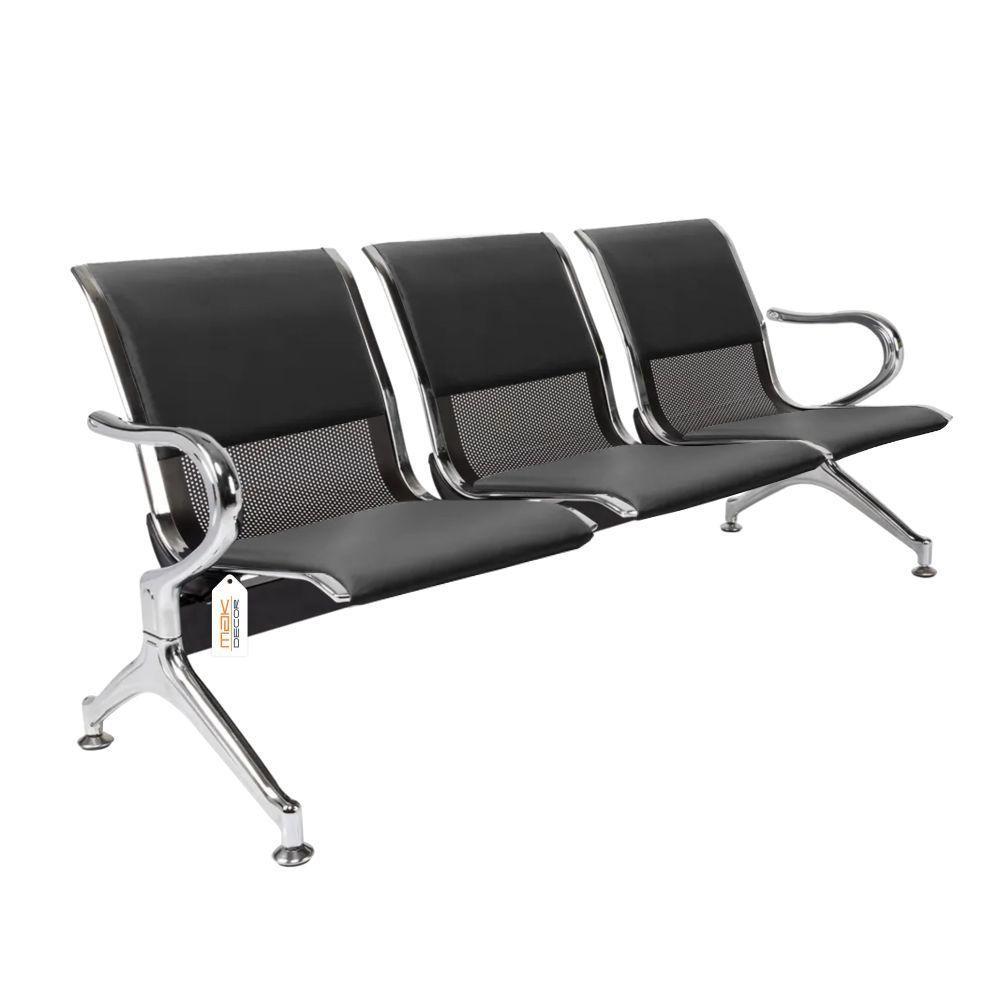 Cadeira Longarina Preta Com Estofado Preto 3 Lugares - 1