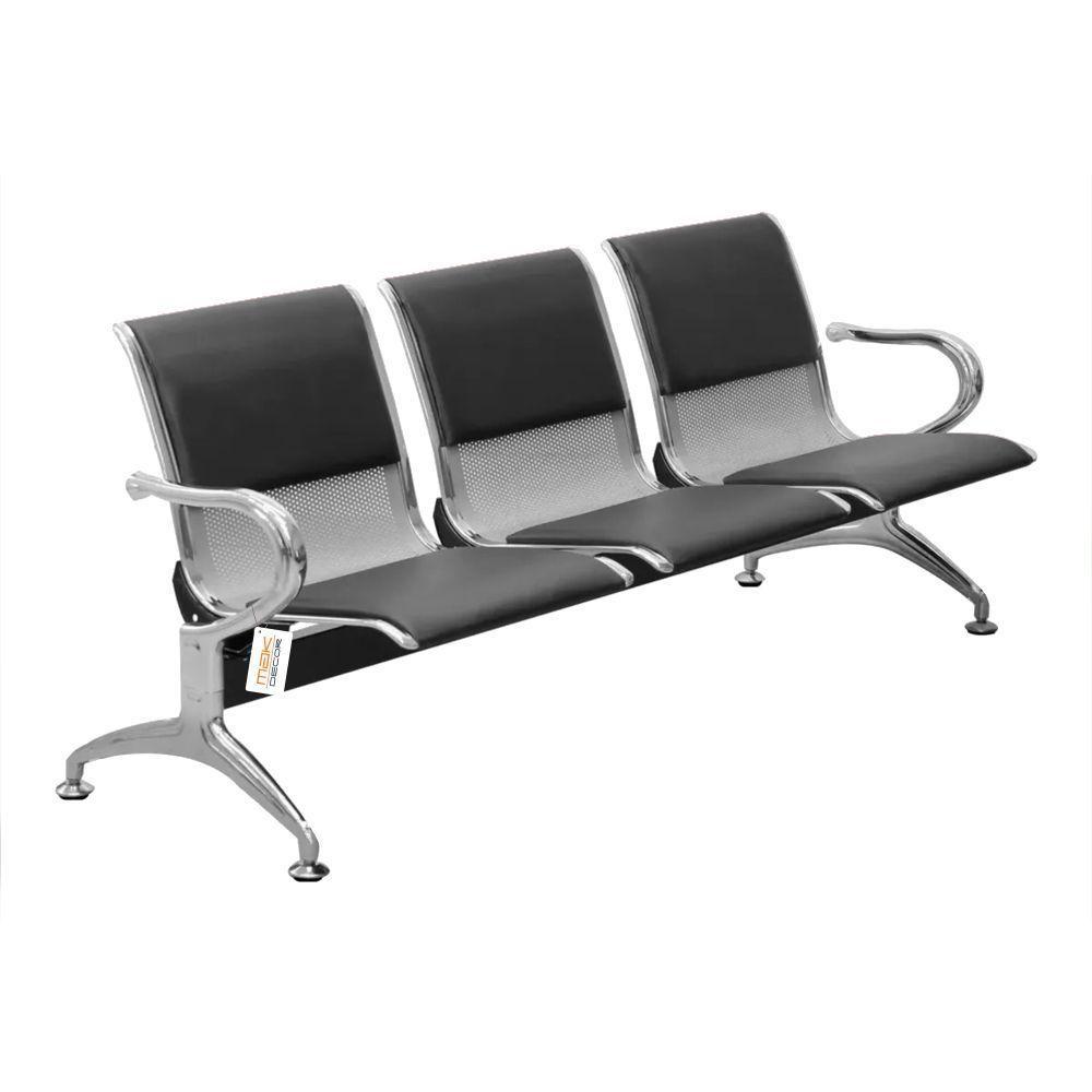 Cadeira Longarina Com Est Cromada 3 Lugares Preto - 1