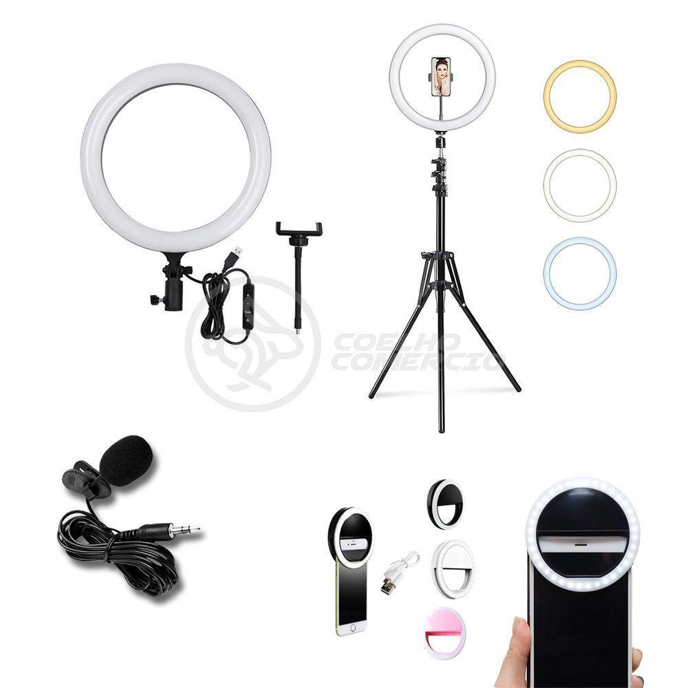 Ring Light 12 Polegadas Com Tripé De 1,5m + Mini Ring Light De Celular + Microfone Lapela - 2