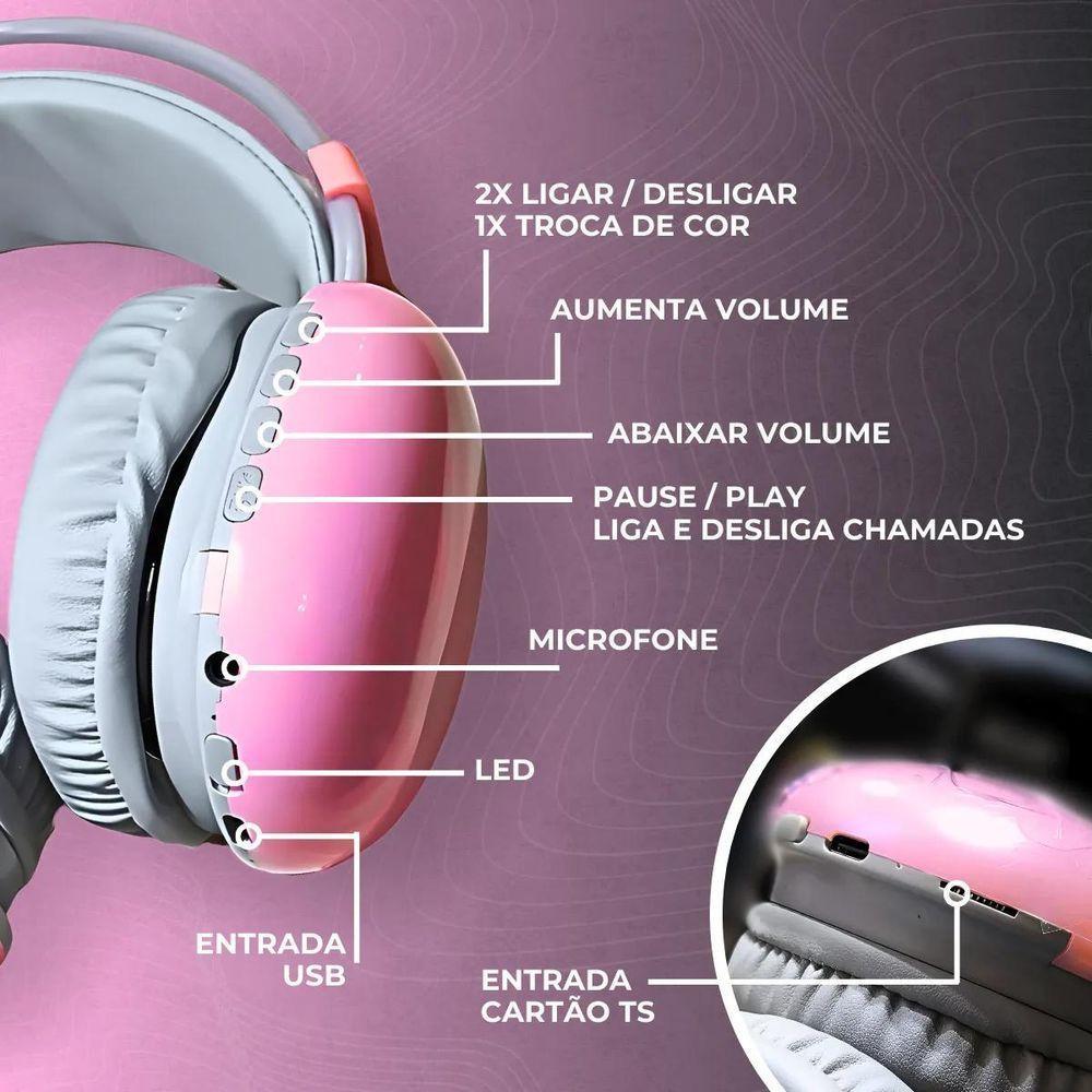 Fone De Ouvido Rosa Sem Fio Bluetooth V5.3 Com Led - 8