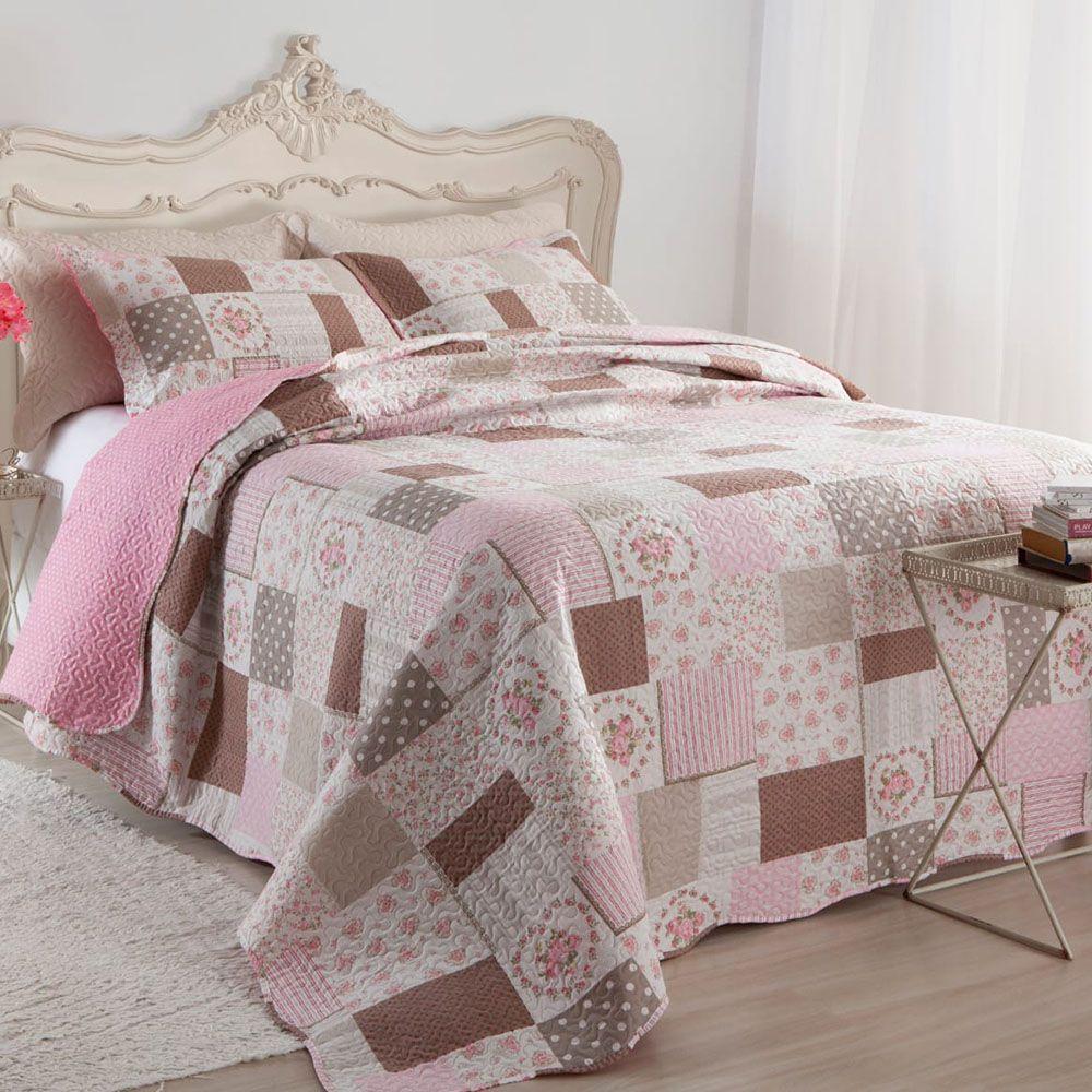 Kit Cobre Leito Colcha Daily Queen 3 Peças Dupla Face Estampado Floral Patchwork 12 100% Poliéster - 1