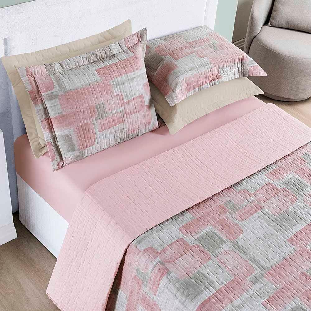 Kit Cobre Leito Colcha Maggy Casal 3 Peças Dupla Face Percale 200 Fios Quadri Rosa 80% Algodão - 1