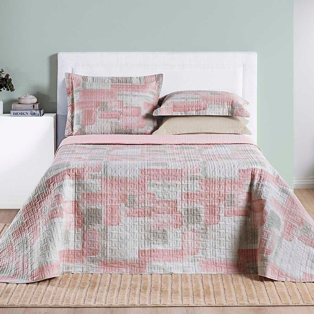 Kit Cobre Leito Colcha Maggy Casal 3 Peças Dupla Face Percale 200 Fios Quadri Rosa 80% Algodão - 2