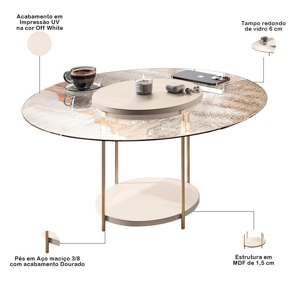 Mesa De Centro Para Sala Redonda Tampo Vidro Pés Aço Allure B01 Off White - Lyam Decor - 2