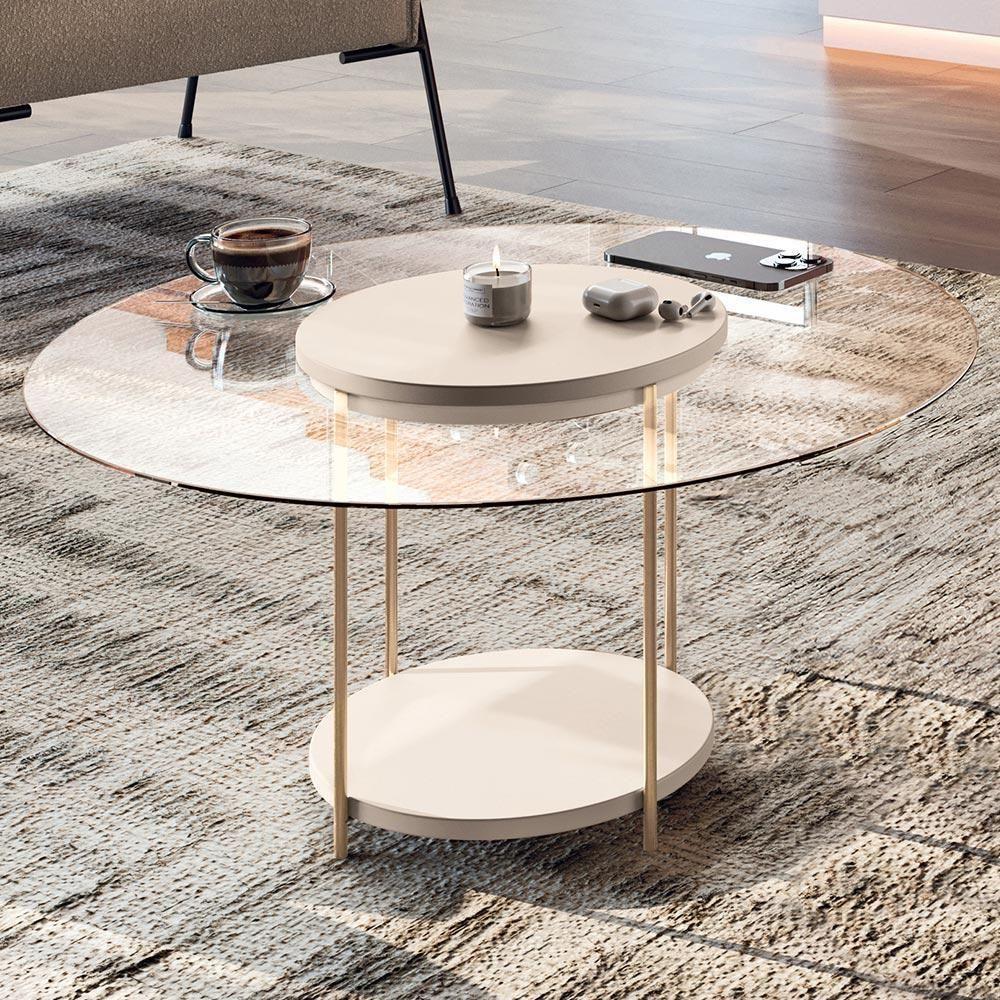 Mesa De Centro Para Sala Redonda Tampo Vidro Pés Aço Allure B01 Off White - Lyam Decor - 5