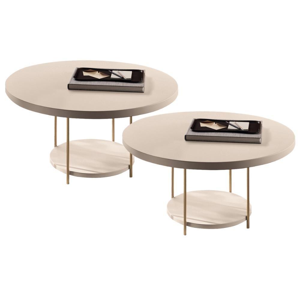 Kit 02 Mesas De Centro Para Sala Redonda Tampo Mdf Pés Aço Allure B01 Off White - Lyam Decor - 1