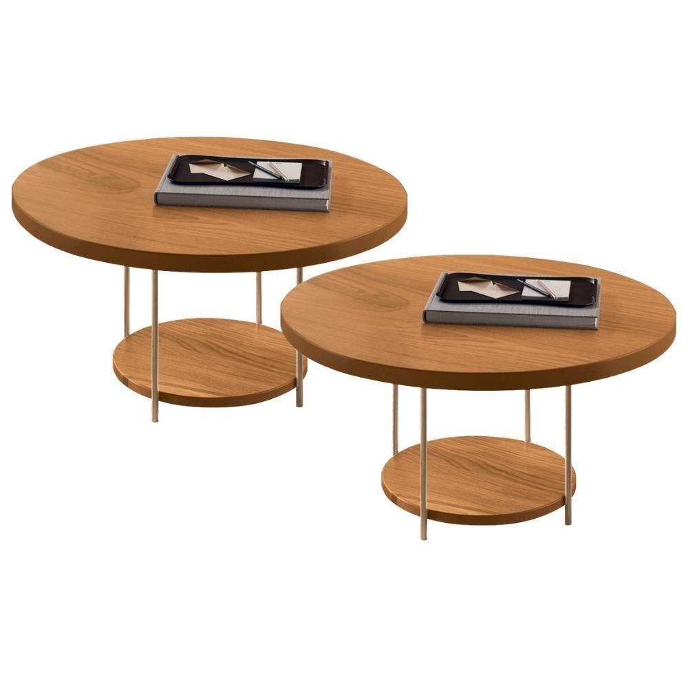 Kit 02 Mesas De Centro Para Sala Redonda Tampo Mdf Pés Aço Allure B01 Cinamomo - Lyam Decor - 1