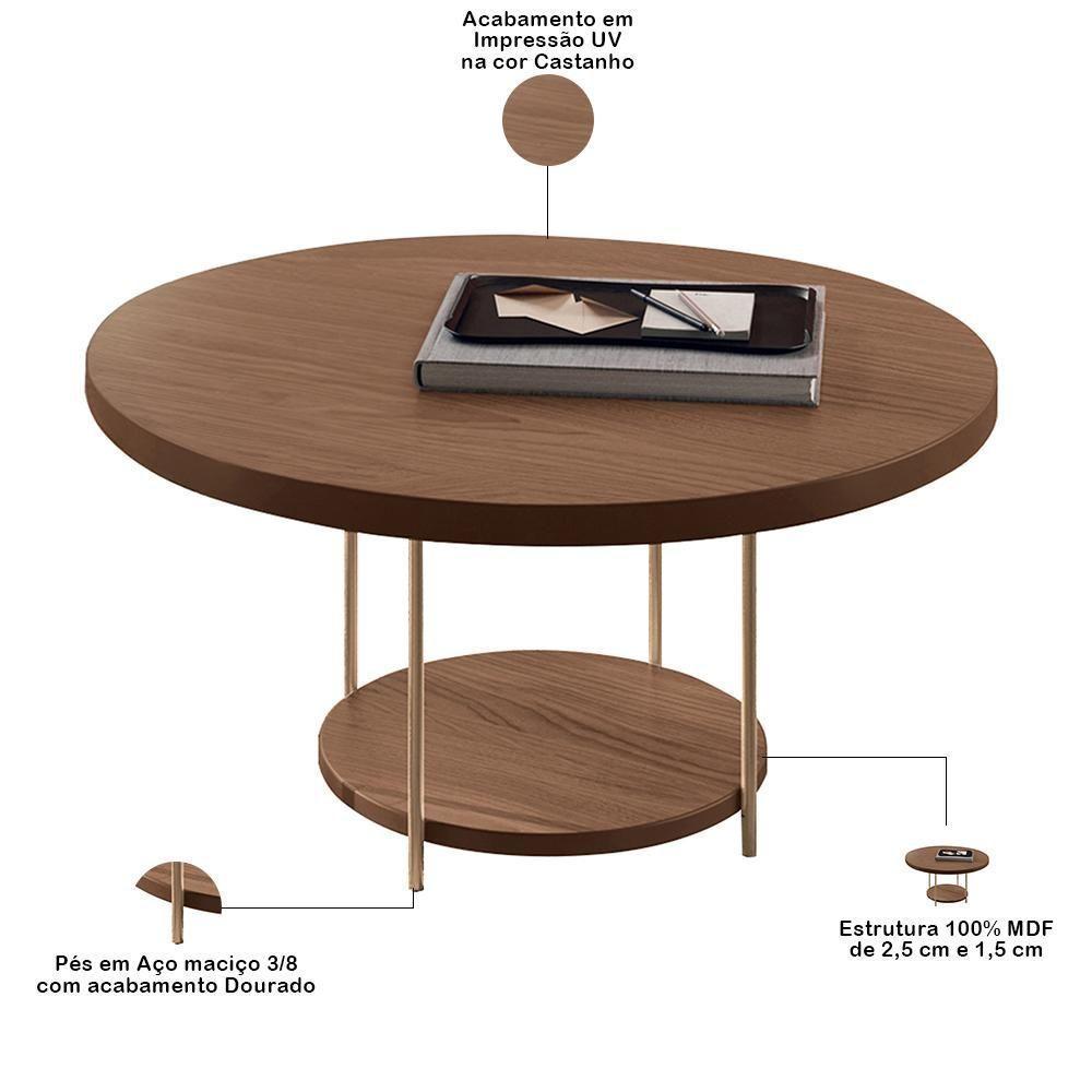Kit 02 Mesas De Centro Para Sala Redonda Tampo Mdf Pés Aço Allure B01 Castanho - Lyam Decor - 3