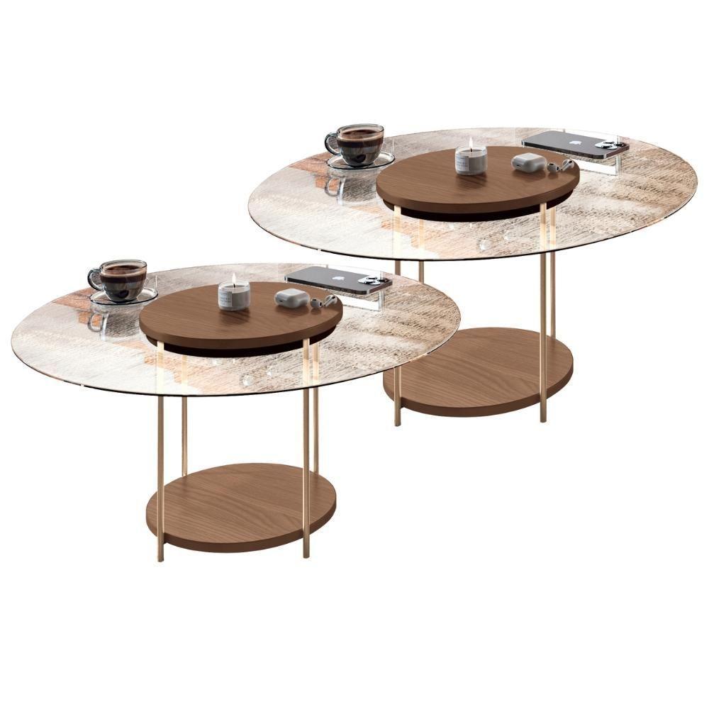Kit 02 Mesas De Centro Para Sala Redonda Tampo Vidro Pés Aço Allure B01 Castanho - Lyam Decor - 1