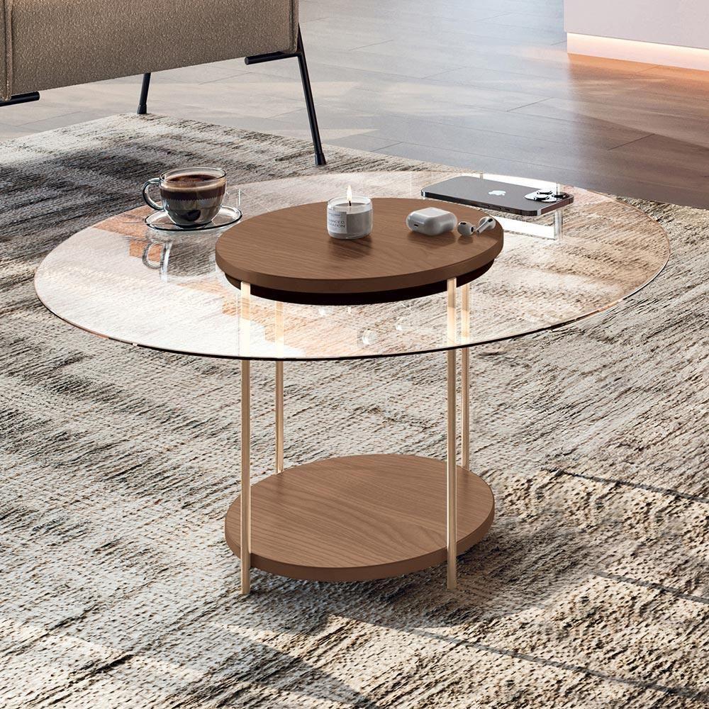 Kit 02 Mesas De Centro Para Sala Redonda Tampo Vidro Pés Aço Allure B01 Castanho - Lyam Decor - 4