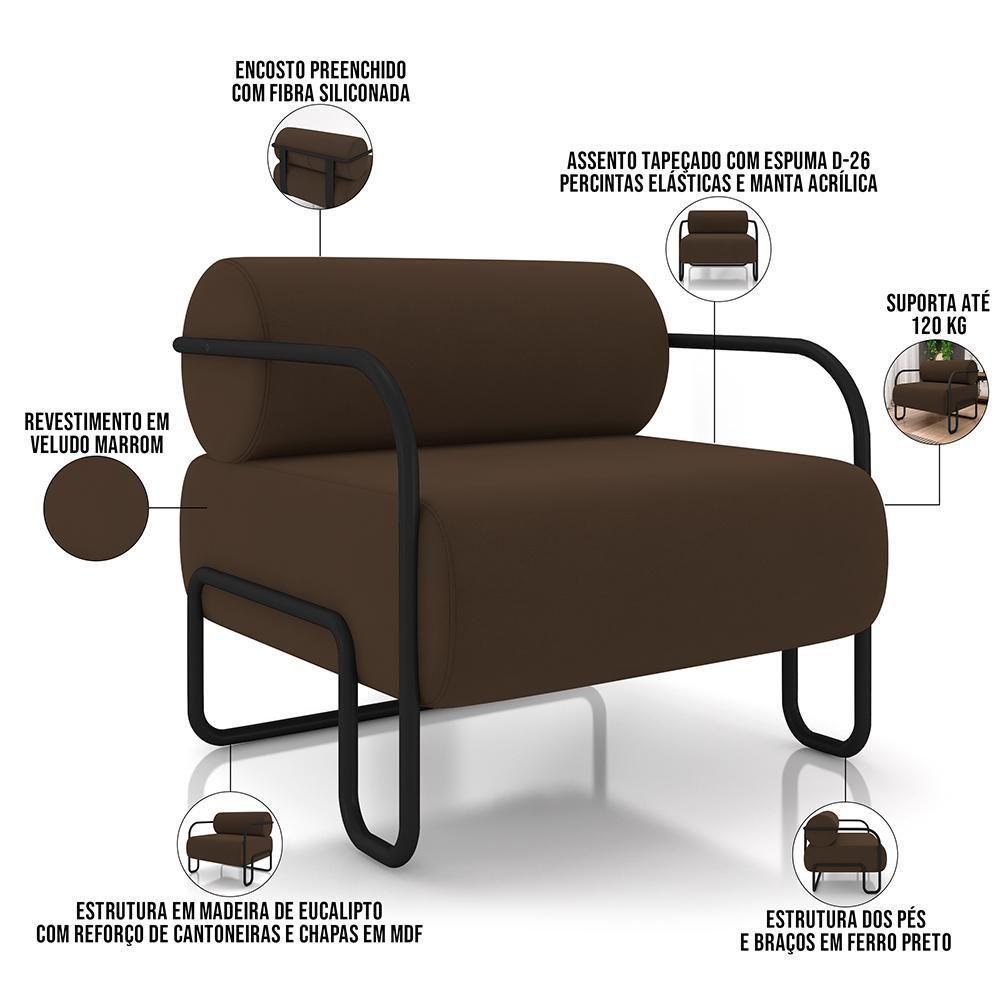 Kit 02 Poltronas Decorativa Pés Industrial Moscou K01 Veludo Marrom - Lyam Decor - 4