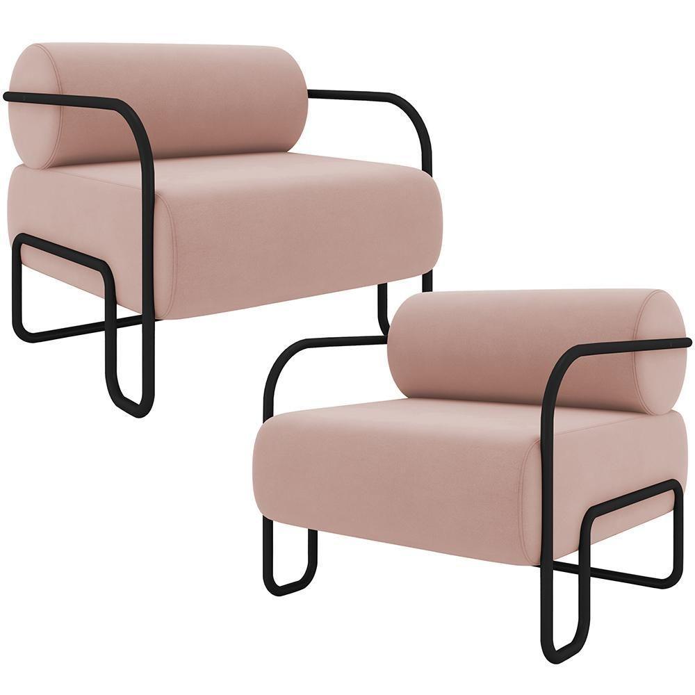 Kit 02 Poltronas Decorativa Pés Industrial Moscou K01 Veludo Rosê - Lyam Decor - 1