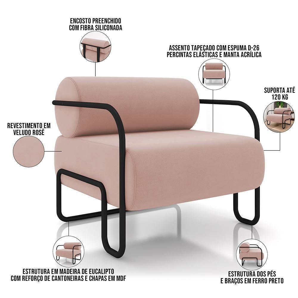Kit 02 Poltronas Decorativa Pés Industrial Moscou K01 Veludo Rosê - Lyam Decor - 4