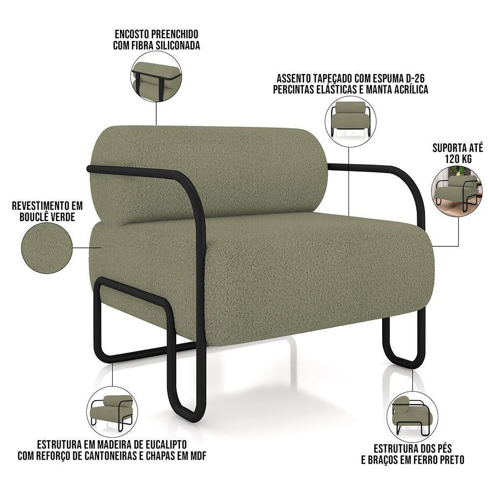 Kit 02 Poltronas Decorativa Pés Industrial Moscou K01 Bouclê Verde - Lyam Decor - 4