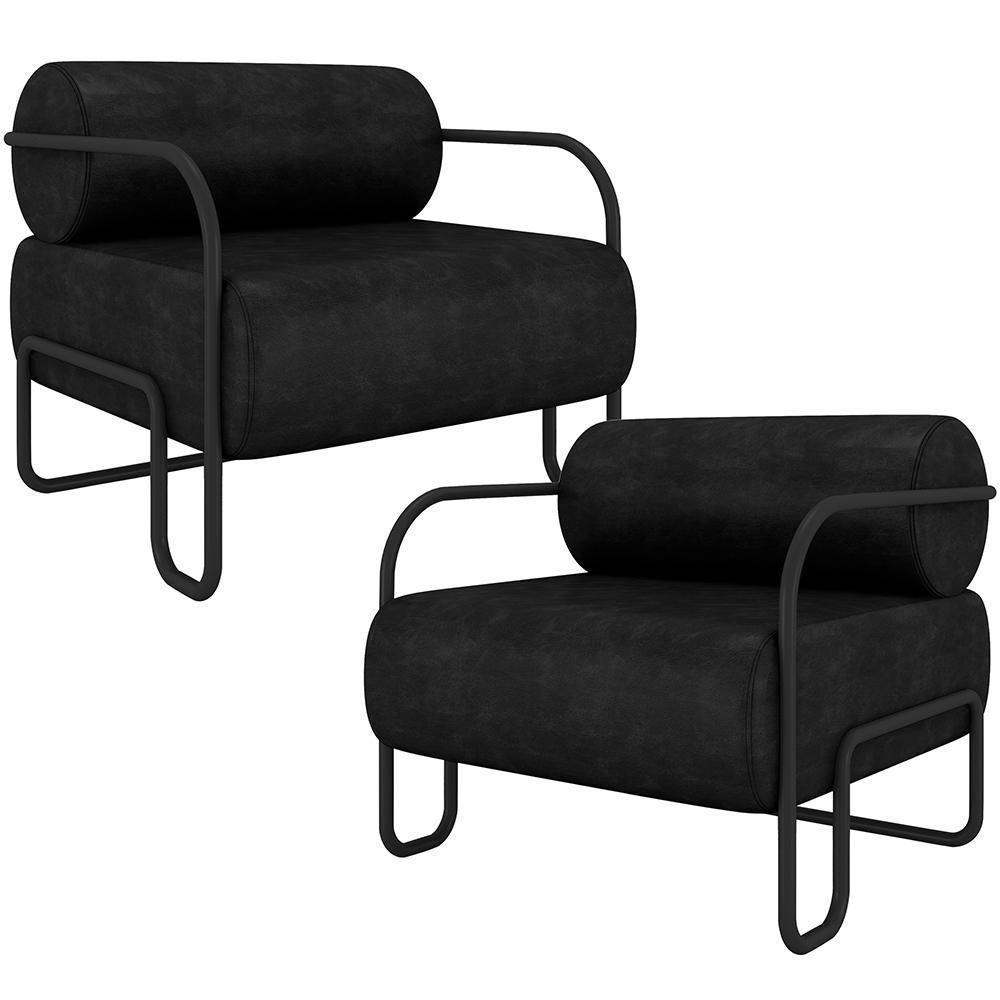 Kit 02 Poltronas Decorativa Pés Industrial Moscou K01 Couríssimo Preto - Lyam Decor - 1