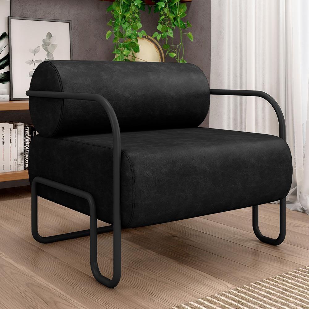 Kit 02 Poltronas Decorativa Pés Industrial Moscou K01 Couríssimo Preto - Lyam Decor - 2