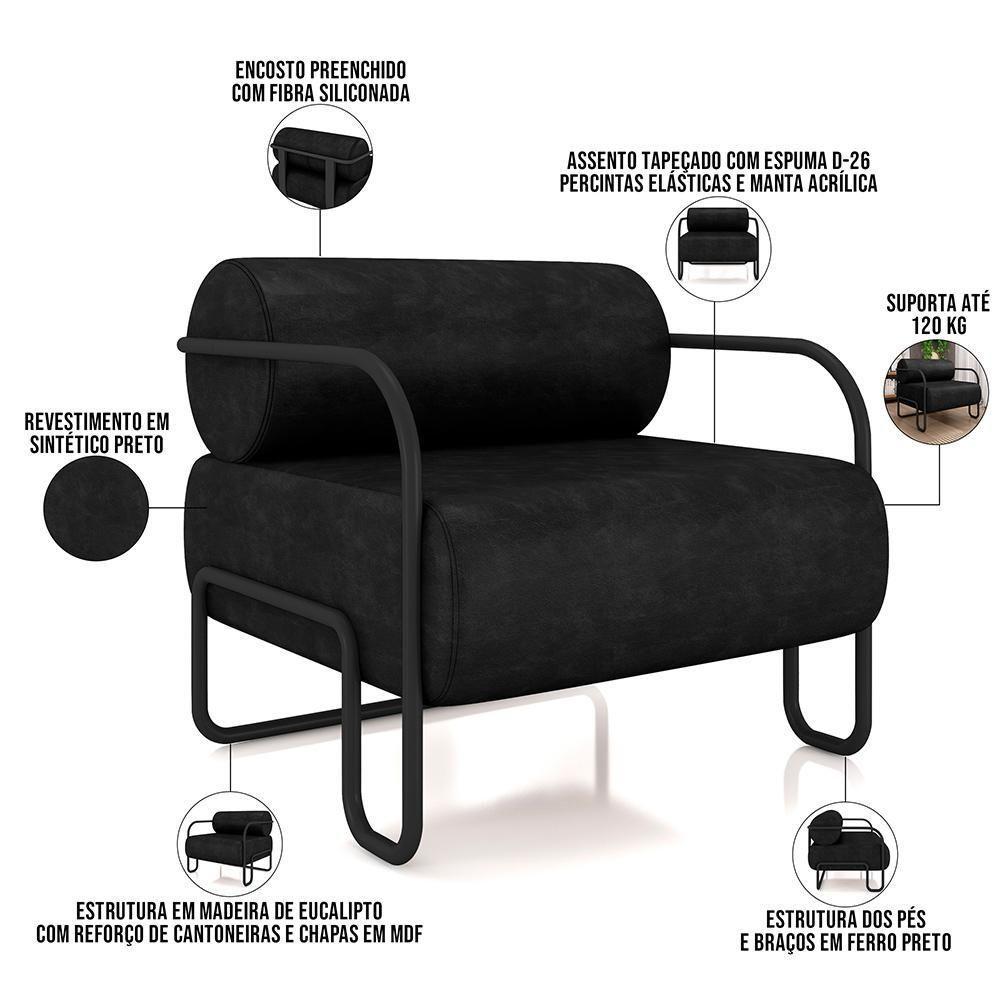 Kit 02 Poltronas Decorativa Pés Industrial Moscou K01 Couríssimo Preto - Lyam Decor - 4