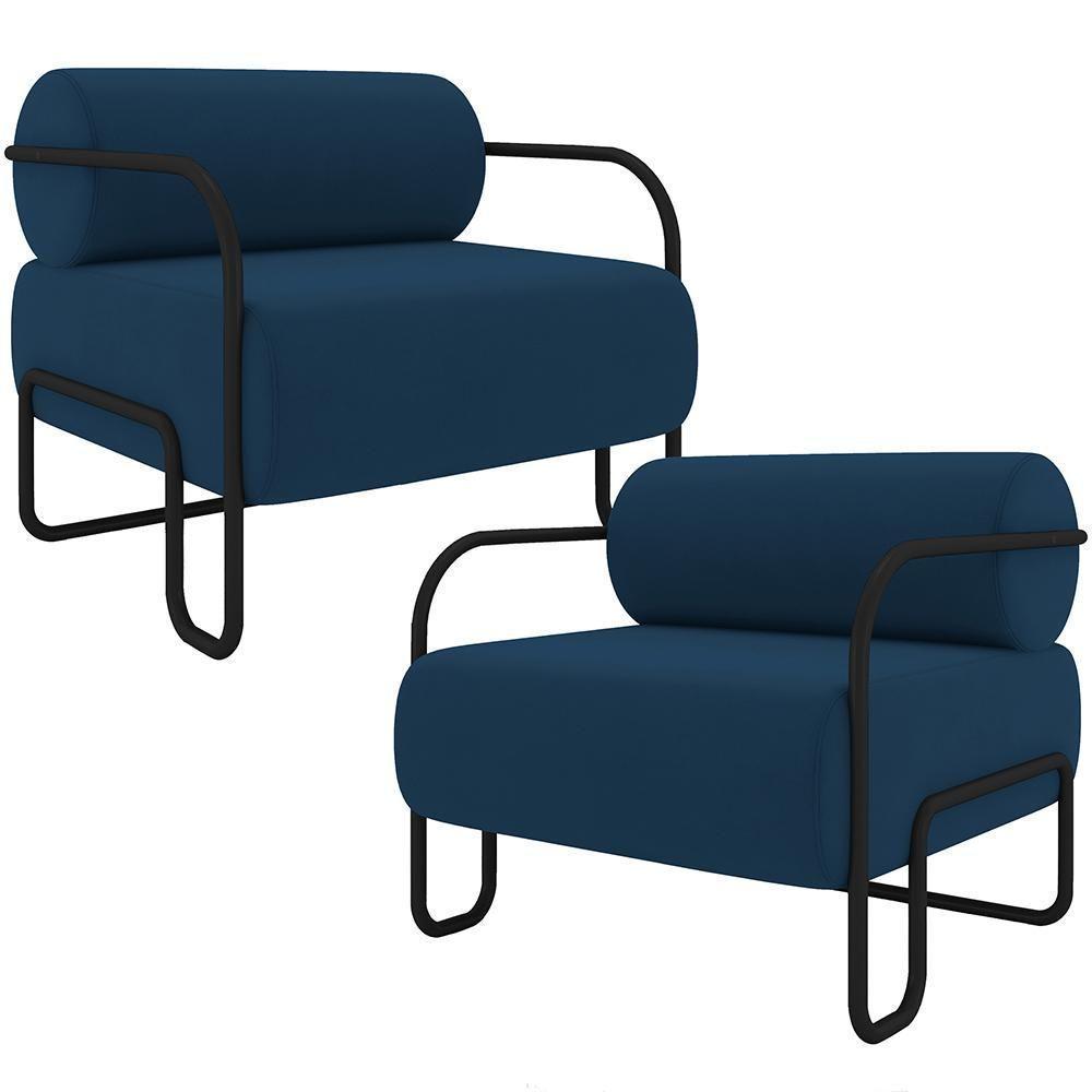 Kit 02 Poltronas Decorativa Pés Industrial Moscou K01 Veludo Azul Marinho - Lyam Decor - 1
