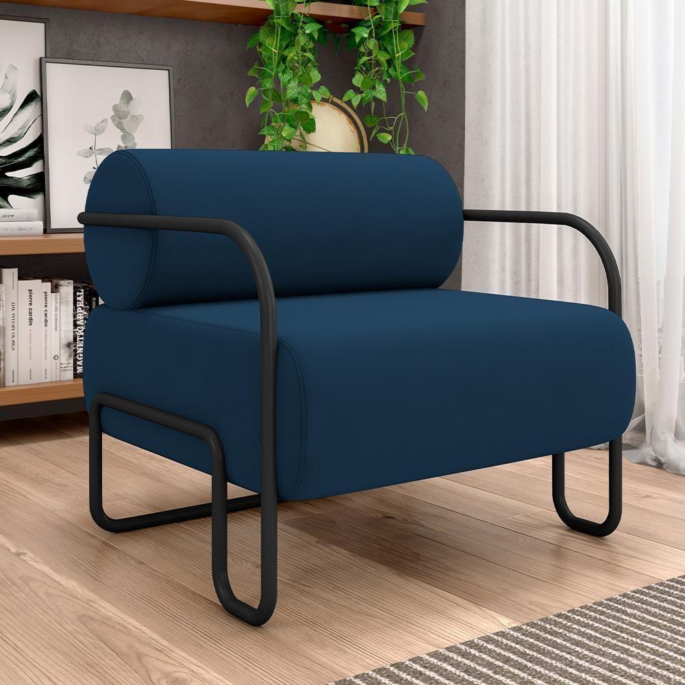 Kit 02 Poltronas Decorativa Pés Industrial Moscou K01 Veludo Azul Marinho - Lyam Decor - 2