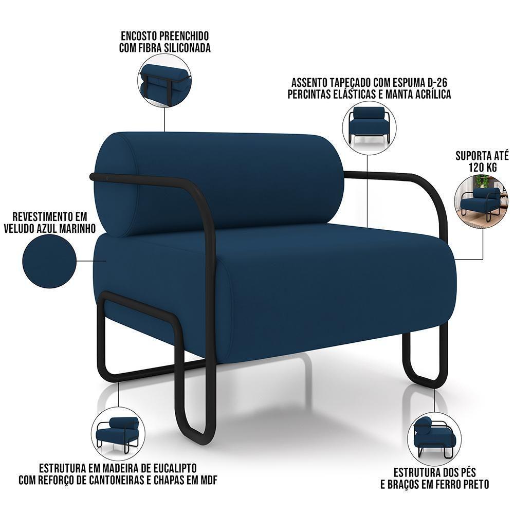 Kit 02 Poltronas Decorativa Pés Industrial Moscou K01 Veludo Azul Marinho - Lyam Decor - 4