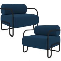 Kit 02 Poltronas Decorativa Pés Industrial Moscou K01 Veludo Azul Marinho - Lyam Decor - 1