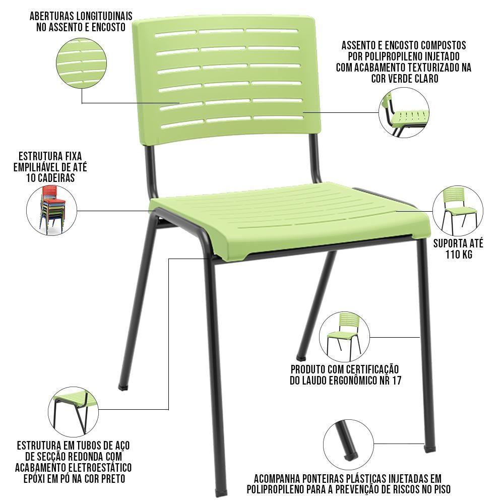Kit 06 Cadeiras Empilhável Fixa Escritório Multiuso Base Preta Kimi P03 Verde Claro - Lyam Decor - 3
