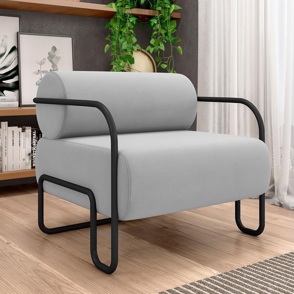 Kit 02 Poltronas Decorativa Pés Industrial Moscou K01 Veludo Cinza - Lyam Decor - 2