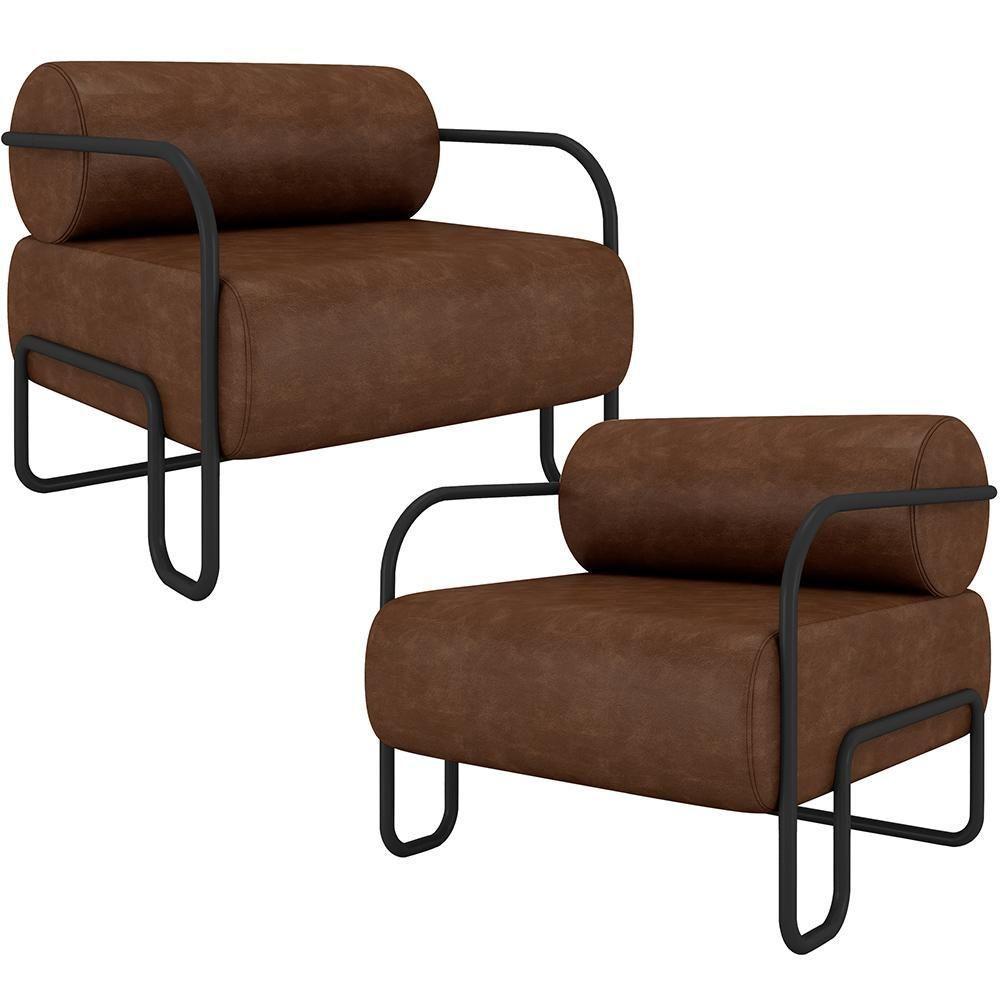 Kit 02 Poltronas Decorativa Pés Industrial Moscou K01 Couríssimo Marrom - Lyam Decor - 1