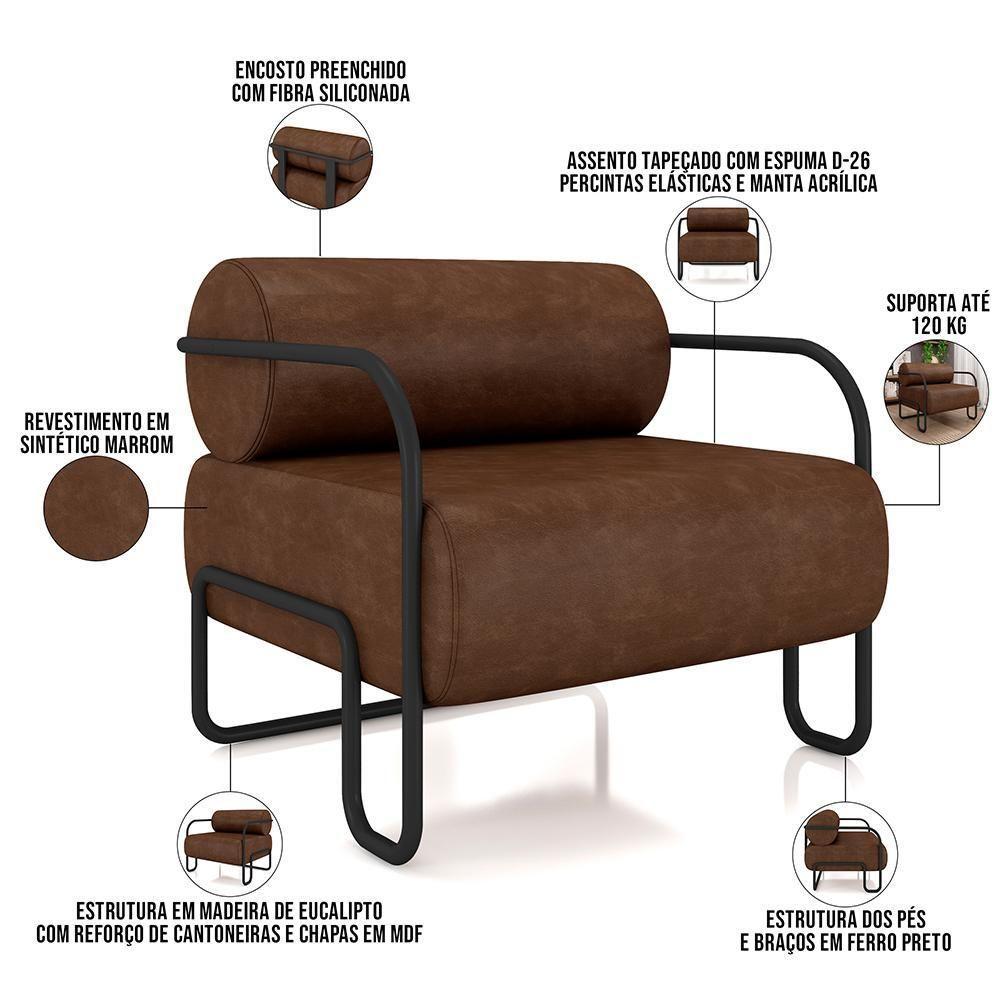 Kit 02 Poltronas Decorativa Pés Industrial Moscou K01 Couríssimo Marrom - Lyam Decor - 4