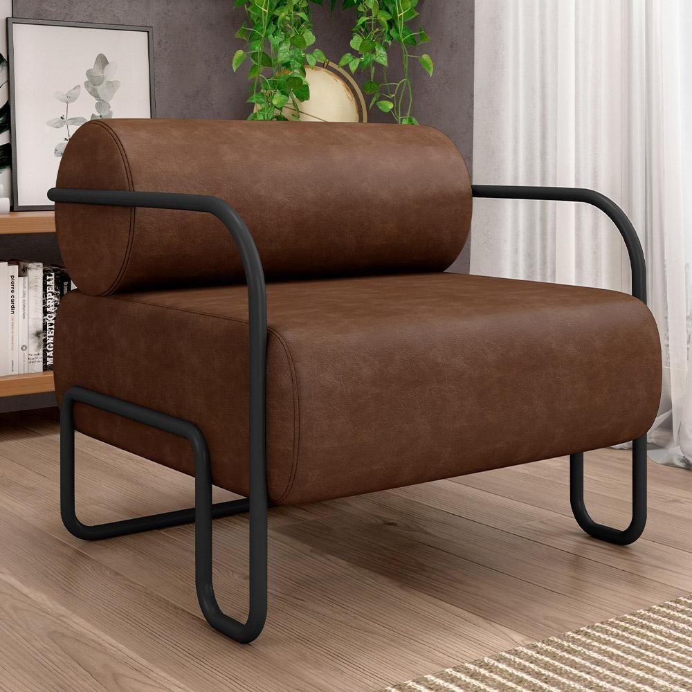 Kit 02 Poltronas Decorativa Pés Industrial Moscou K01 Couríssimo Marrom - Lyam Decor - 5