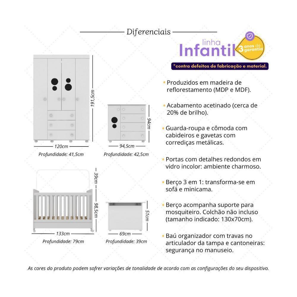 Quarto Infantil Completo Com Berço Americano 3 Em 1 Para Colchão 130x70cm Multimóveis Mp4360 Branco - 5