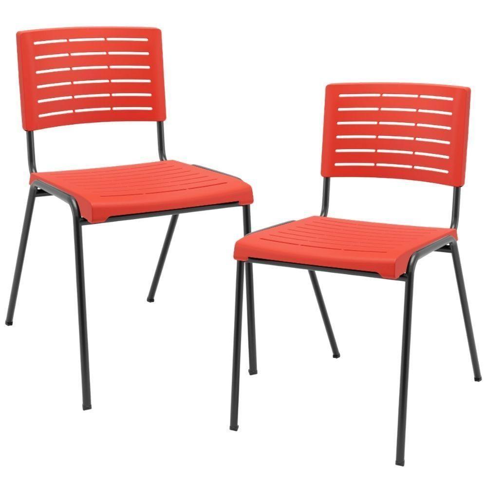 Kit 02 Cadeiras Empilhável Fixa Escritório Multiuso Base Preta Kimi P03 Vermelho - Lyam Decor - 1