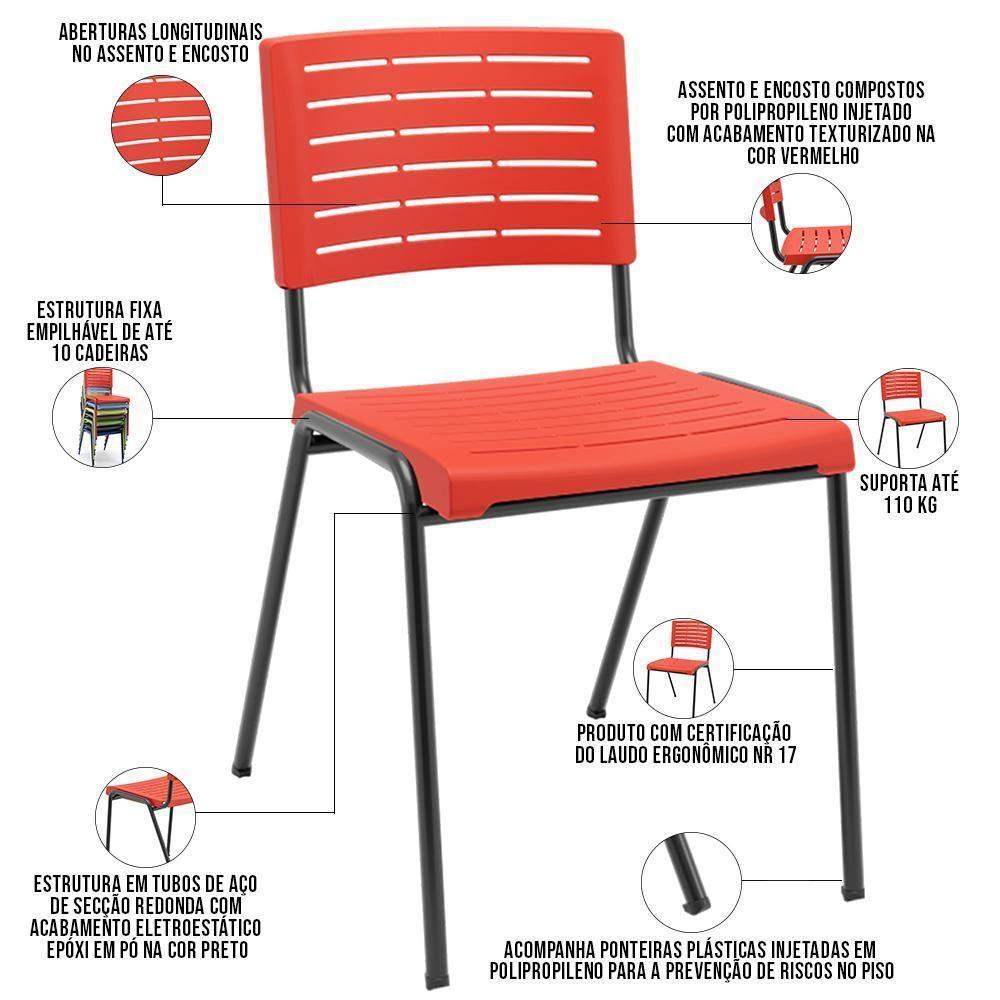 Kit 02 Cadeiras Empilhável Fixa Escritório Multiuso Base Preta Kimi P03 Vermelho - Lyam Decor - 3