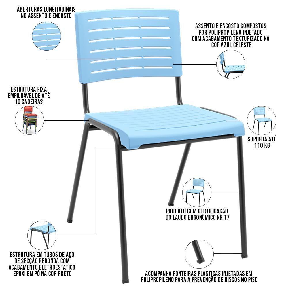 Cadeira Empilhável Fixa Escritório Multiuso Base Preta Kimi P03 Azul Celeste - Lyam Decor - 2