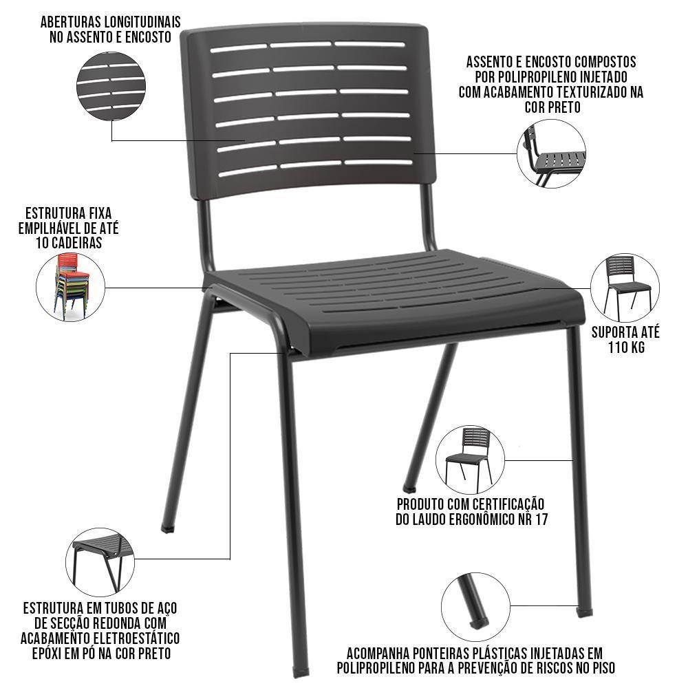 Kit 04 Cadeiras Empilhável Fixa Escritório Multiuso Base Preta Kimi P03 Preto - Lyam Decor - 3