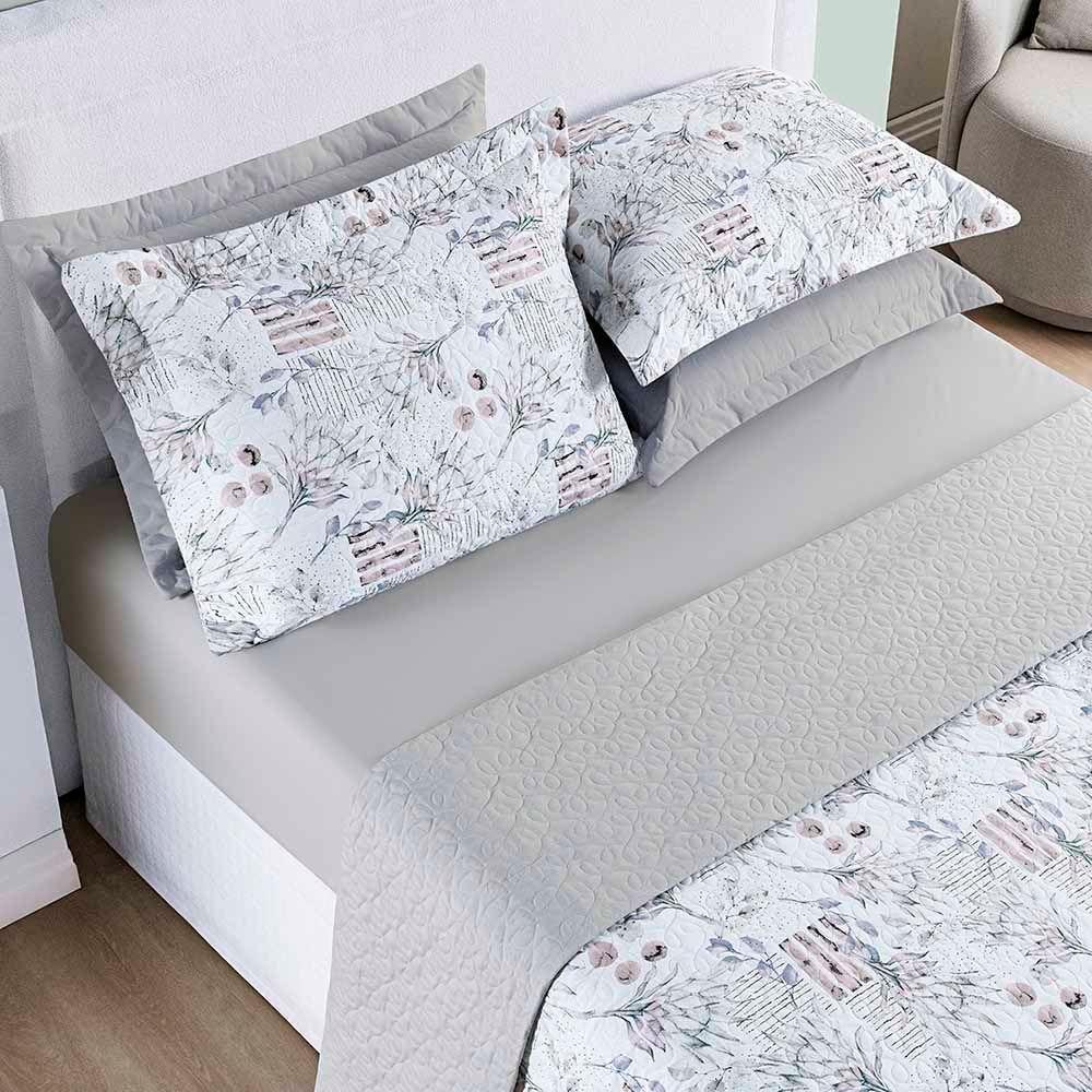 Kit Cobre Leito Colcha Maggy King 3 Peças Dupla Face Percale 200 Fios Protea Floral Cinza - 2