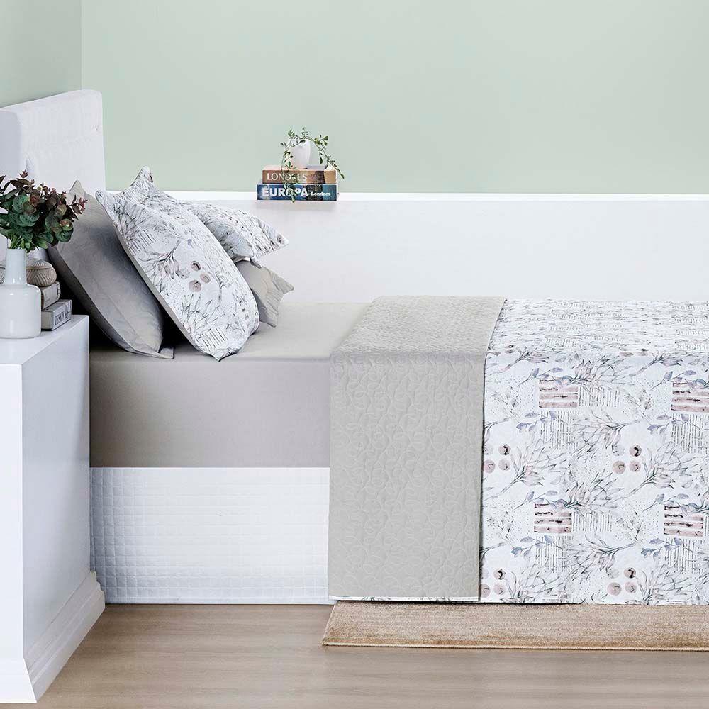 Kit Cobre Leito Colcha Maggy King 3 Peças Dupla Face Percale 200 Fios Protea Floral Cinza - 4