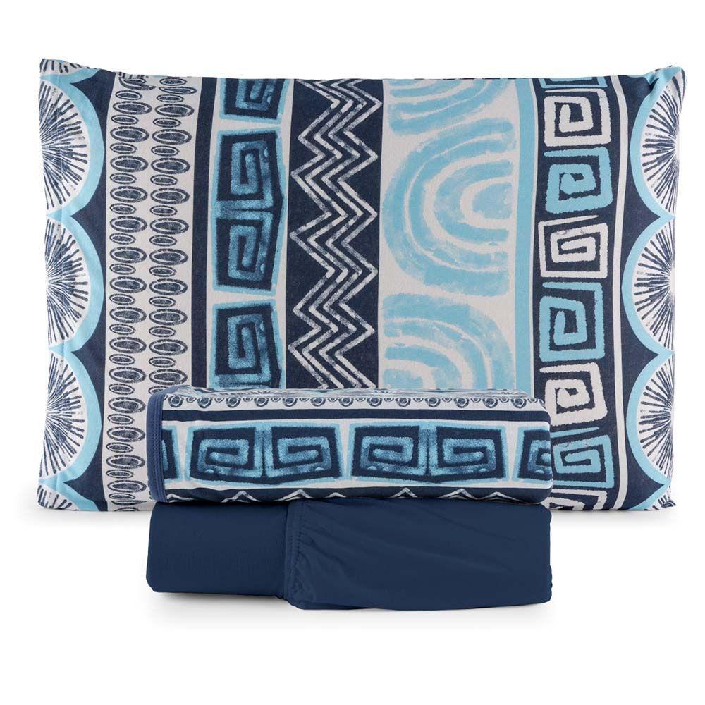 Jogo De Lençol Luar Solteiro 3 Peças Malha 100% Algodão Estampado Azul Marinho Geométrico - 1