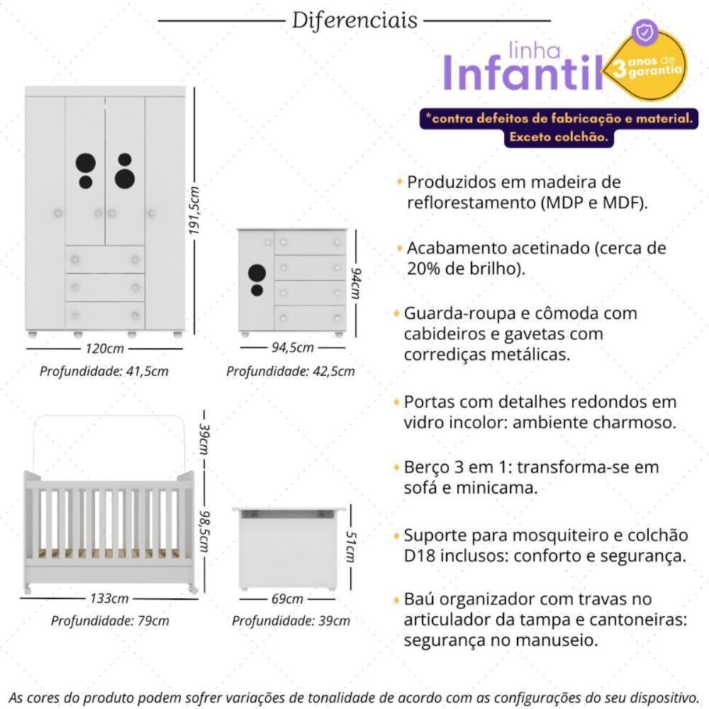 Quarto Infantil Completo Com Berço Americano 3 Em 1 Com Colchão Incluso Multimóveis Mp4361 Branco - 5