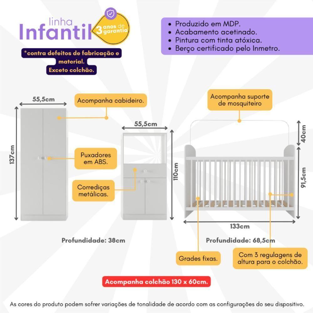 Quarto Infantil Completo Berço Com Colchão Incluso Guarda-roupa E Cômoda Multimóveis Mp4359 Branco - 5