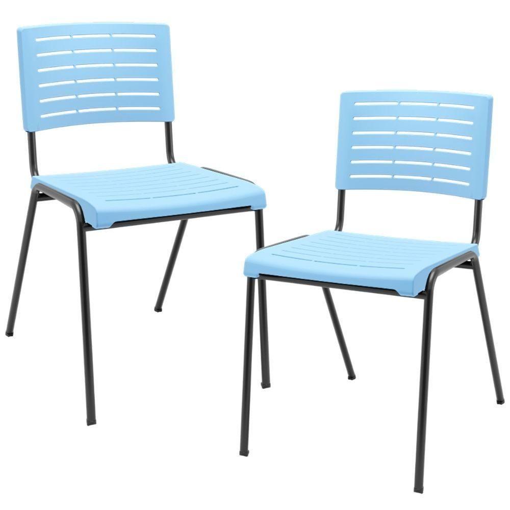 Kit 02 Cadeiras Empilhável Fixa Escritório Multiuso Base Preta Kimi P03 Azul Celeste - Lyam Decor - 1