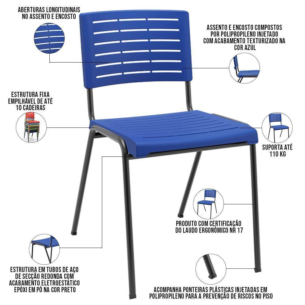 Kit 02 Cadeiras Empilhável Fixa Escritório Multiuso Base Preta Kimi P03 Azul - Lyam Decor - 3