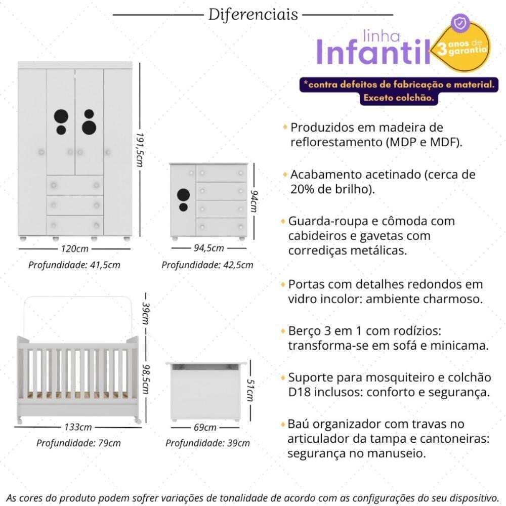 Quarto Infantil Completo Com Berço Americano 3 Em 1 Com Colchão Incluso Multimóveis Mp4346 Branco - 5
