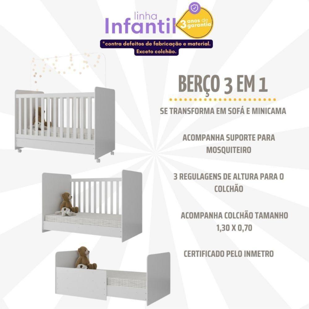 Quarto Infantil Completo Com Berço Americano 3 Em 1 Com Colchão Incluso Multimóveis Mp4346 Branco - 6
