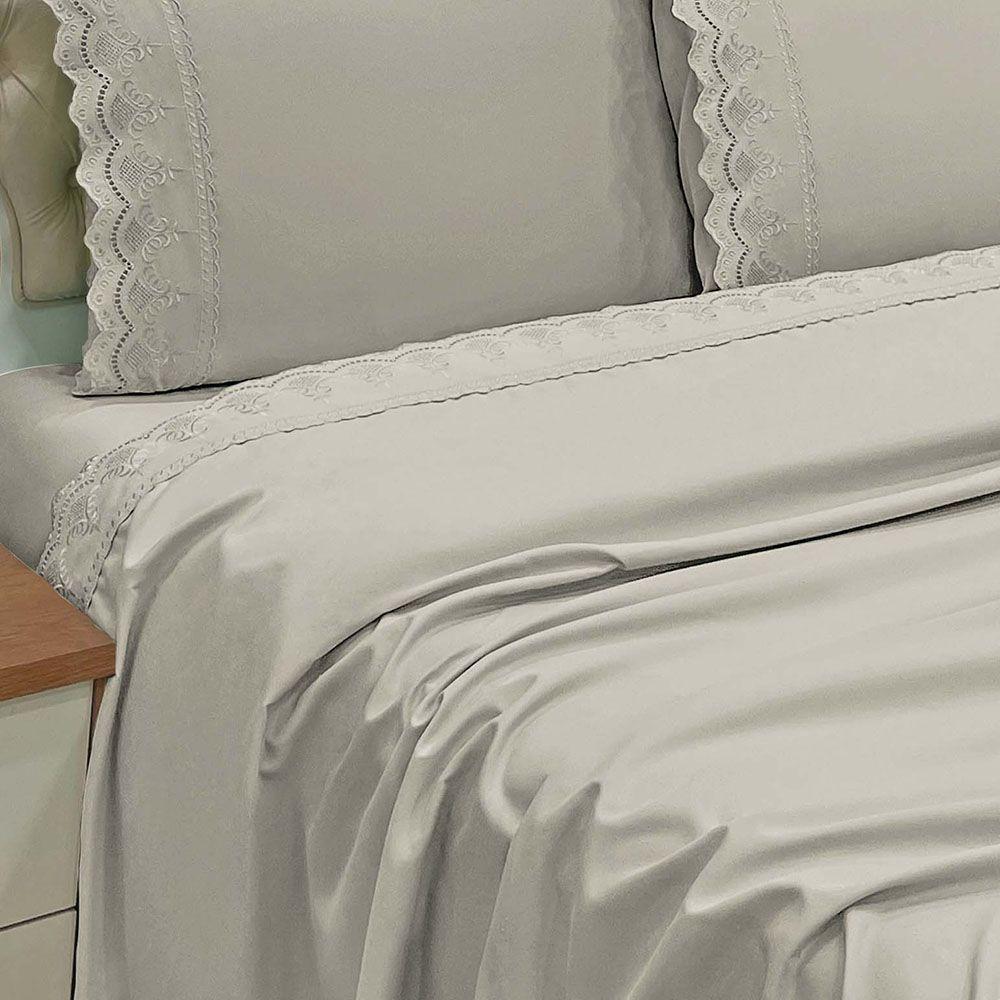 Jogo De Cama Lençol Realce Casal 4 Peças Percal 300 Fios Bordado Inglês Macio Fendi 100% Poliéster - 3