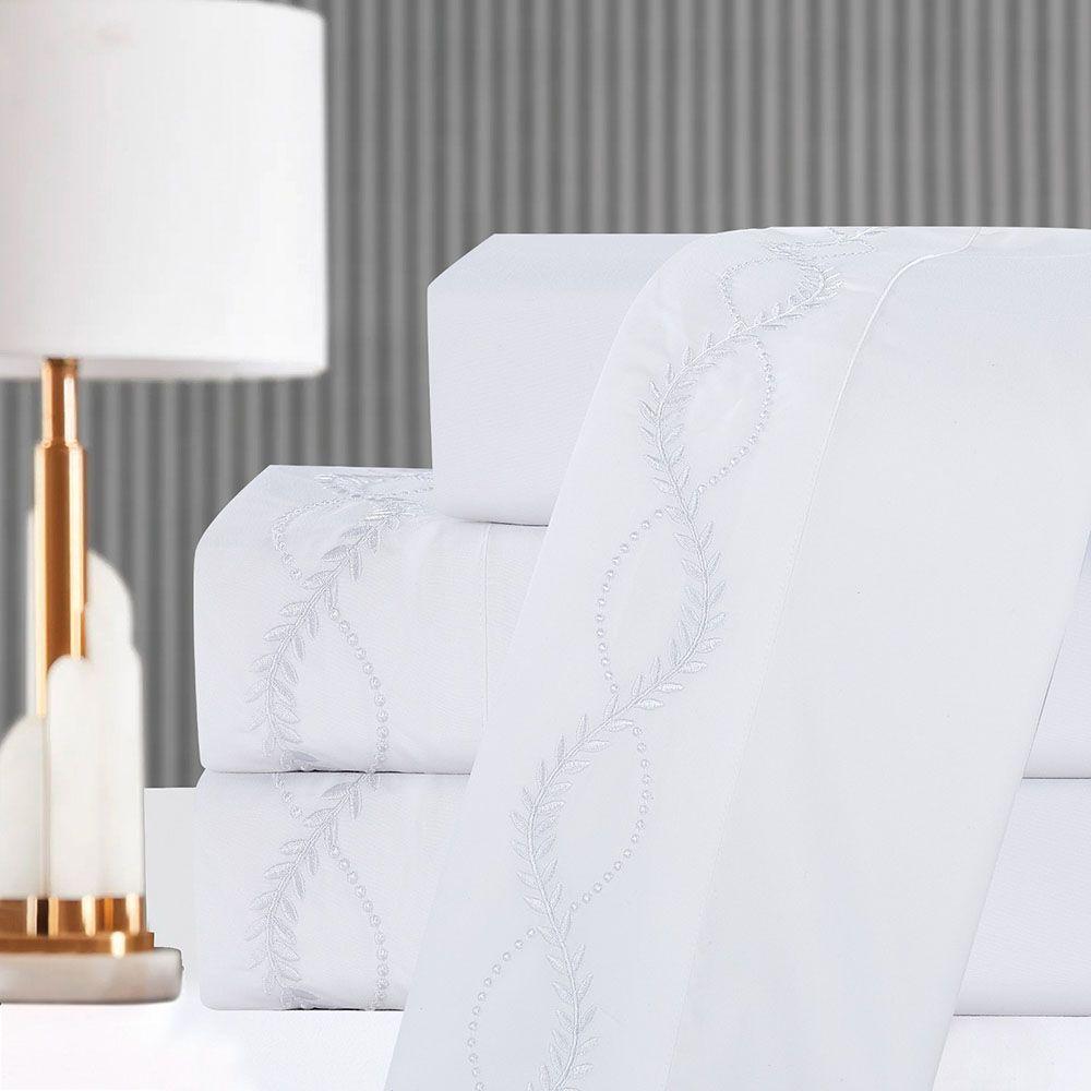 Jogo De Cama Lençol Luminia Casal 4 Peças Micropercal 300 Fios Bordado Floral Branco 100% Poliéster - 3